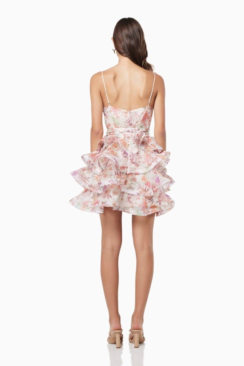 فستان قصير مونيكا زهرة مطبوع بكشكش